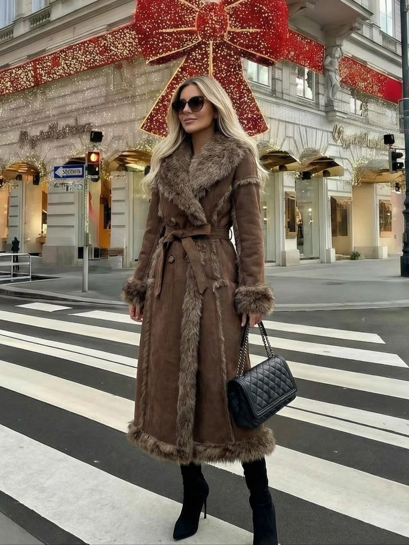 Women's Faux Fur Coat, Autumn Winter Fashionable Long Sleeve Jacket, Elegant Thick Retro Loose Fit Medium-Length Outerwear