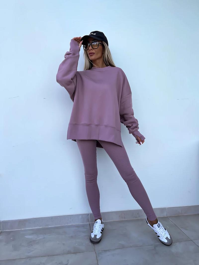 Oversize Two-Piece Set Women's  Split Hem Sweatshirt & Skinny Pants, Casual Fashion Cozy Round Neck Long Sleeve Pullover Women's Clothing for Fall & Basic Winter  Suits Womenswear Gamis