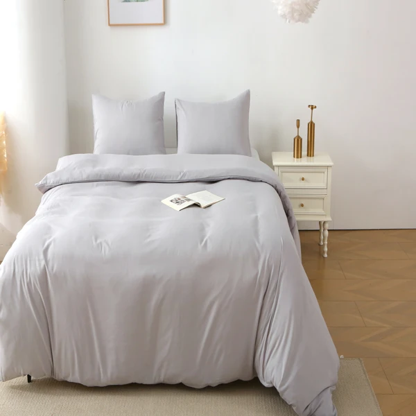纯色三件套 不含填充物 枕套*2 (51cm*66cm)+被套*1 (229cm*229cm) Queen Size 胖被3件套 灰白-17