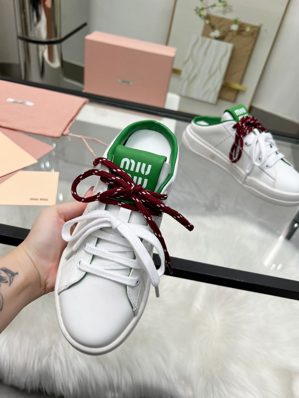 SNEAKER MULES IN WHITE MIX GREEN CALFSKIN WHITE RED LACES、mysite、Cacoeks