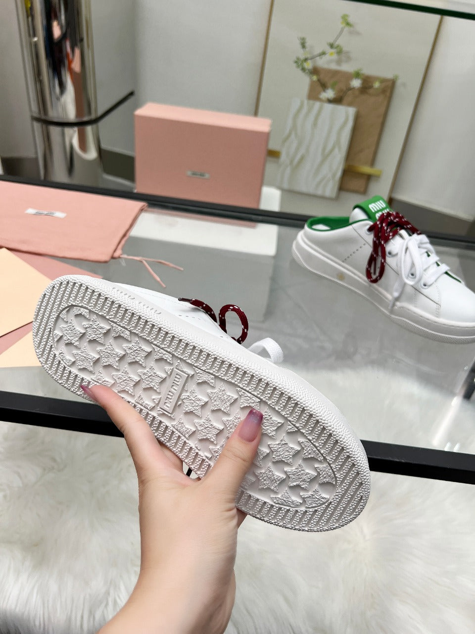 SNEAKER MULES IN WHITE MIX GREEN CALFSKIN WHITE RED LACES、mysite、Cacoeks