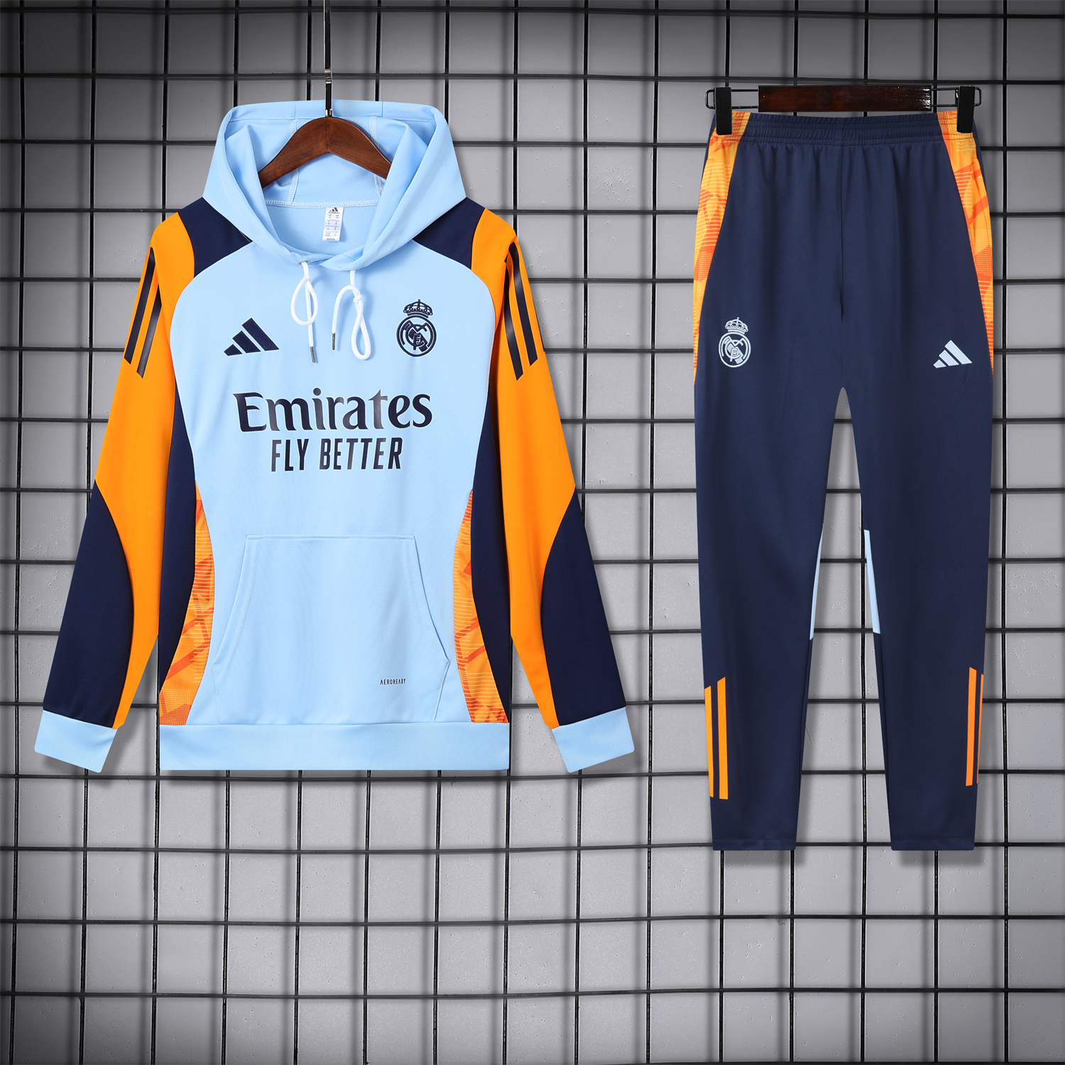 JerseysGala.com | Real Madrid 24-25 Training Hoodie Set - Light Blue Hoodie and Deep Blue Pants -Customize Name, Number and Patch | Worldwide Shipping