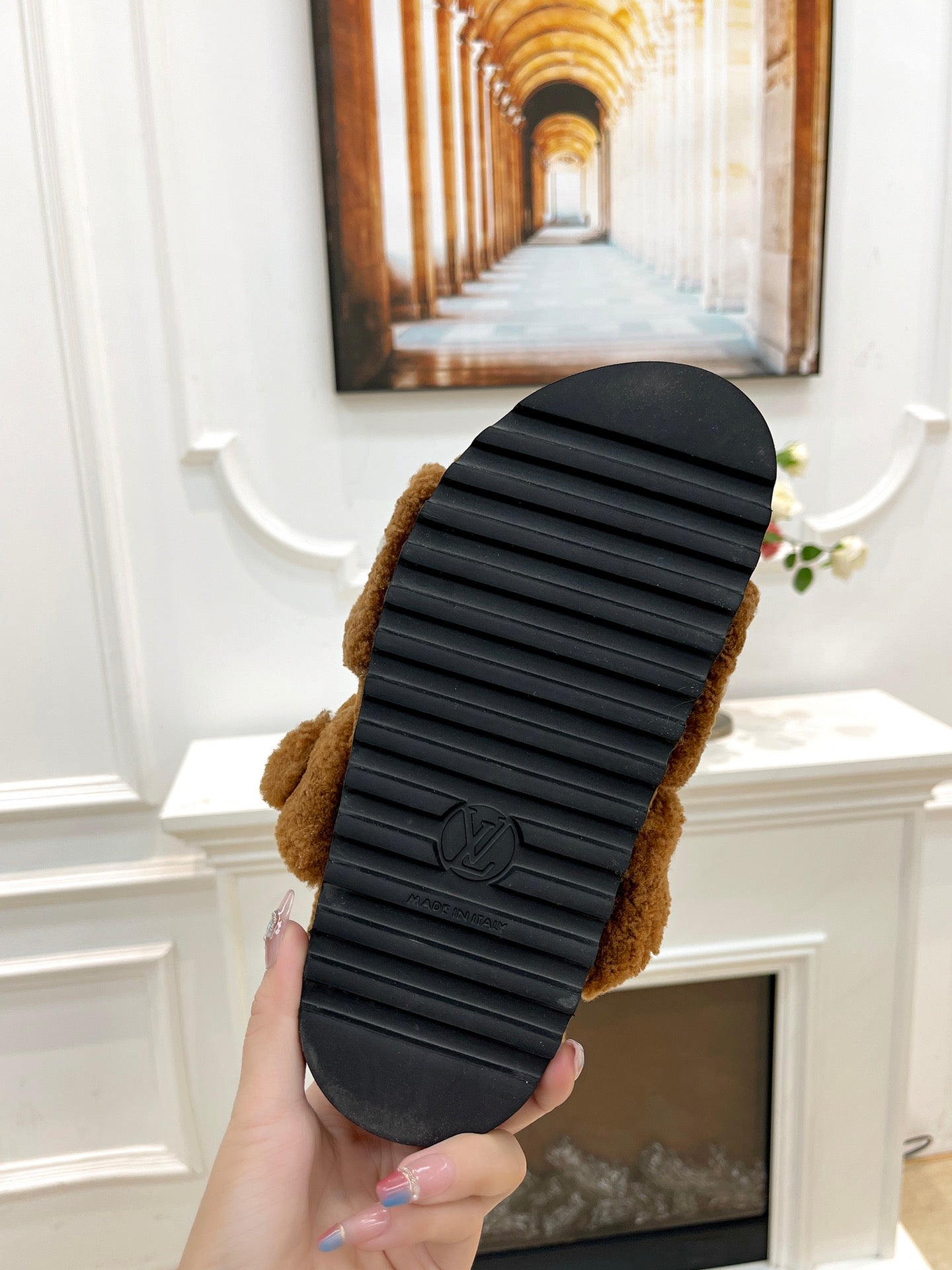 DAD SANDAL MULE IN CARAMEL BROWN MIX WHITE FLEECE、mysite、Cacoeks