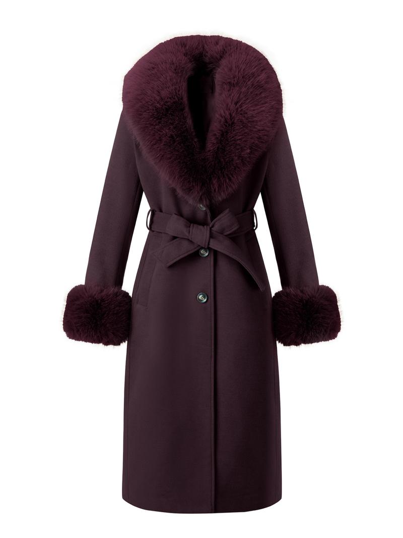Women's Fall Winter Mid-Length Plain Woolen Coat, Warm Fitted Jacket with Fur Collar, Waist Belt & Pockets, Casual Style