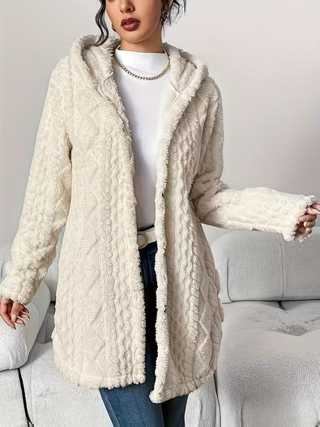 Women's Solid Color Fuzzy Hooded Jacket, Casual Long Sleeve Outerwear for Daily Wear, Ladies Clothes for All Seasons, Winter Womenswear
