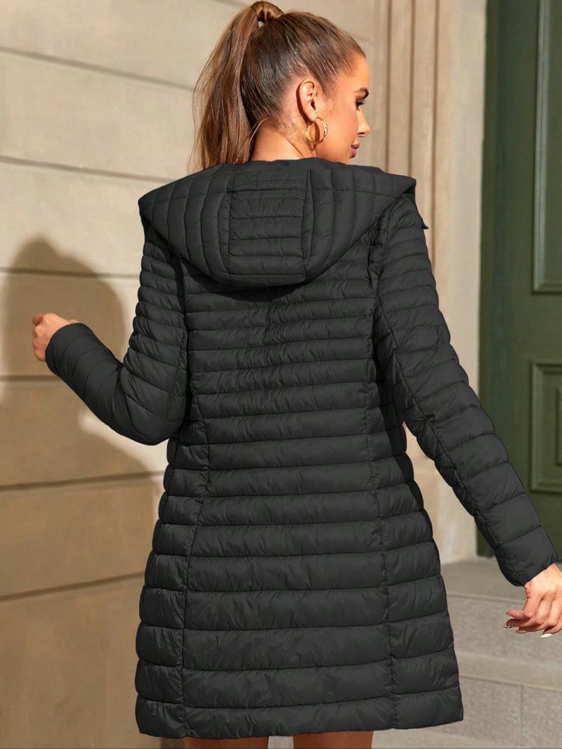 Women's Plus Size Fall Winter Puffer Jacket, Casual Fitted Long Sleeve Hooded Coat with Pocket, Lightweight Warm Outerwear