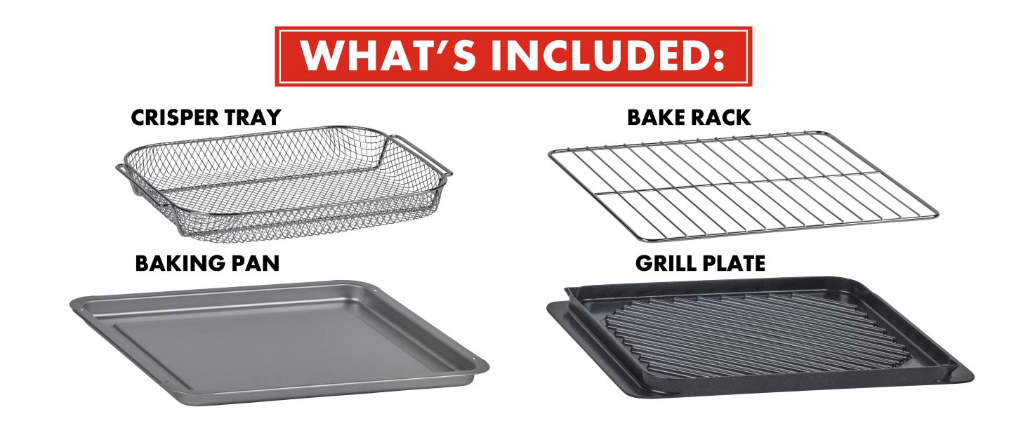 Included Air Fry Tray, Baking Pan, and more
