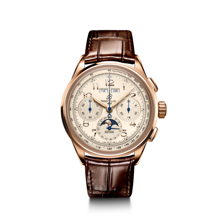 Paying homage to three generations of inventors – Léon, Gaston & Willy Breitling – the Premier Datora is the most refined Breitling chronograph with its complete calendar and moon-phase. As Willy Breitling said, the Premier is an “unmistakable stamp of impeccable taste”.This latest generation of Premier chronographs brings its timeless elegance back to life, and showcases Breitling’s highest level of watchmaking thanks to a range of iconic Premier complications: the Chronograph, the Duograph and the Datora.Featuring rectangular chronograph pushers and Arabic numerals, the heritage-revived Premier Datora displays a variety of elegant design details such as grooves on the case-sides, open sapphire casebacks and vintage-inspired hands.The Datora comes in two variations: in stainless steel with a copper dial and a brown alligator strap or in 18k red gold with a silver dial and a brown alligator strap. “Datora”  was a term used by Breitling in the 1940s and refers to a complete calendar chronograph displaying day, date, month and the different moon phases. The Datora is powered by the cosc-certified Manufacture Caliber B25.