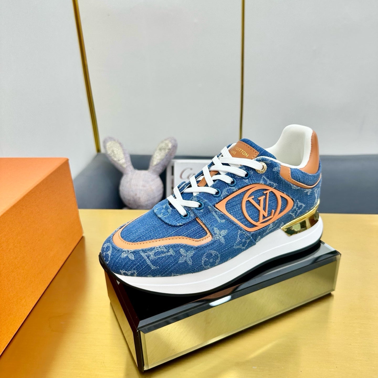 NEO RUN AWAY SNEAKER IN CLASSIC BLUE MONOGRAM DENIM AND ORANGE CALFSKIN、mysite、Cacoeks