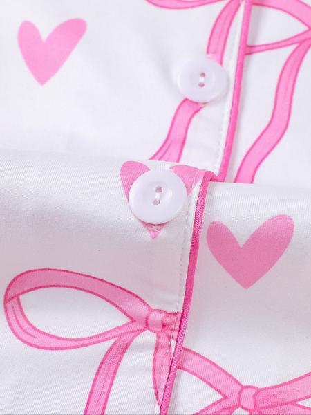Women's Cute Bow Print Pajama Set, Fall & Winter Casual Homewear, Soft Elastic Fabric, Long Sleeve Shirt Collar Top & Pants, Womenswear