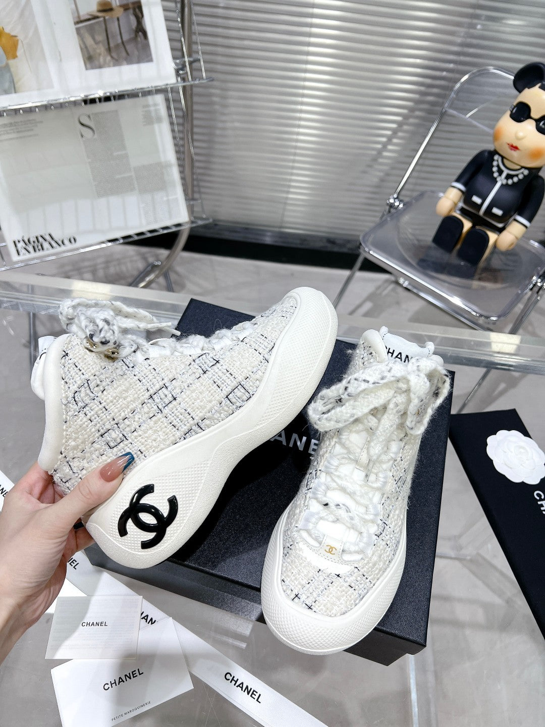 CC CANO ALTO SNEAKER IN WHITE WOOL TWEED AND RUBBER、mysite、Cacoeks