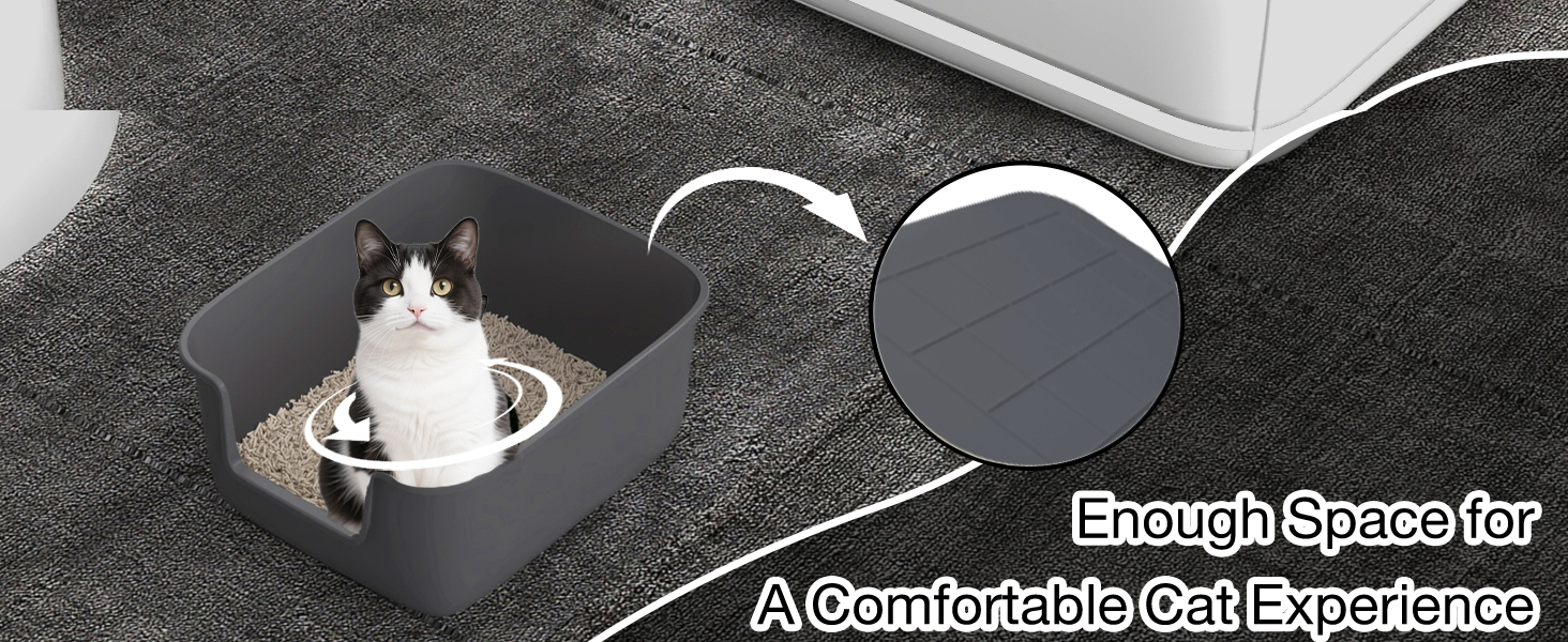 Gray cat litter box with high sides, containing a black and white cat. Adjacent is a circular gray mat. Text reads 'Enough Space for A Comfortable Cat Experience'.