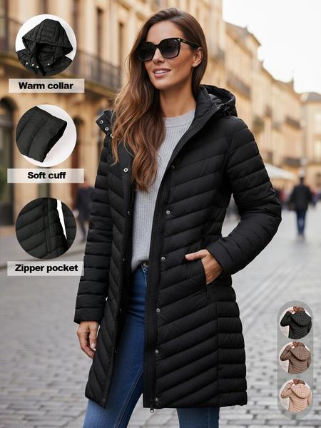 Women's Fall Winter Long Hooded Cotton Jacket, Windproof Waterproof Coat, Lightweight Down Vest, Casual Daily Wear, Warm Comfortable