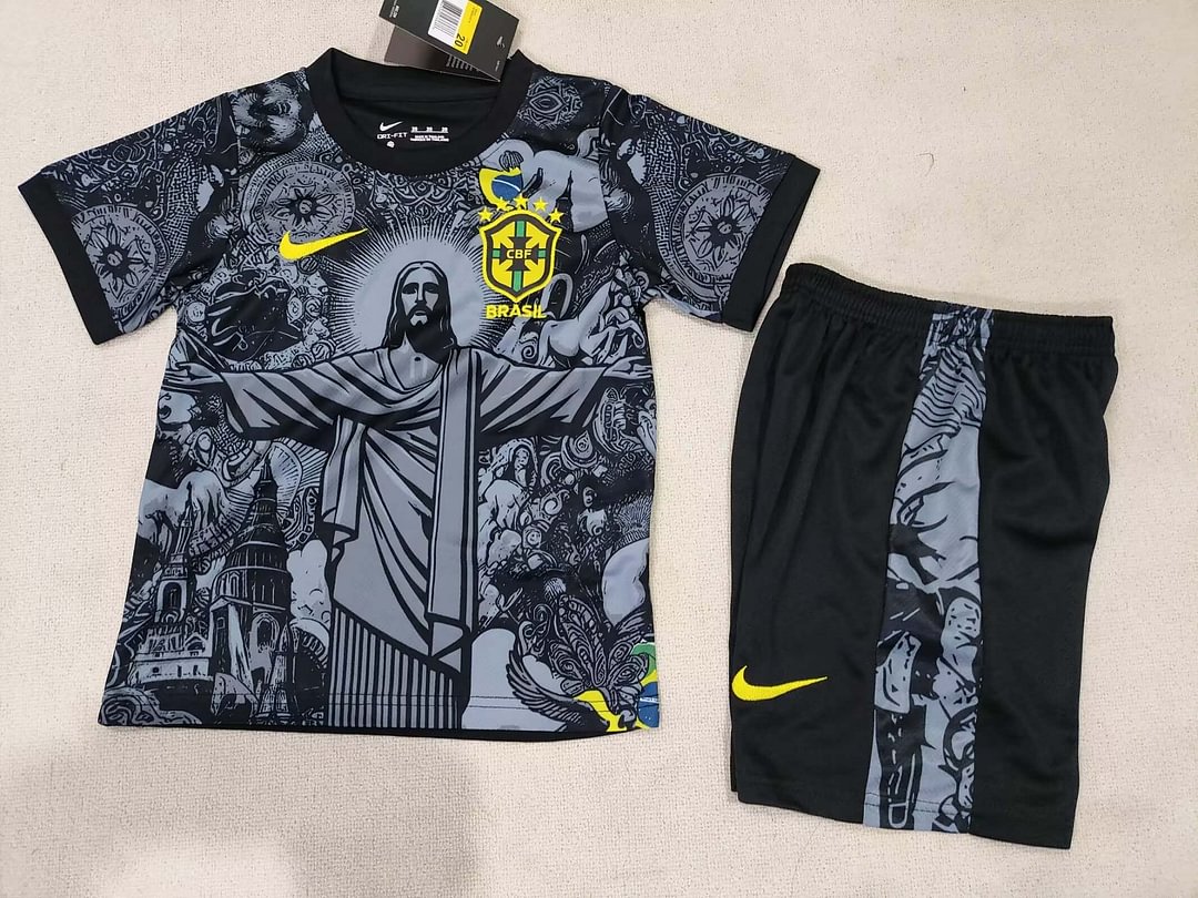 2024 Brazil Special Edition Jesus Black Gray Soccer Jersey Kids Size Suit-mysite Custom Football Kit- Nextkits