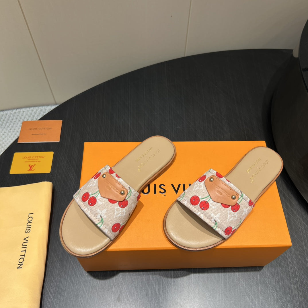 LV SLIDE SANDALS 25S IN BEIGE DENIM AND CALFSKIN WITH LOGO PRINT、mysite、Cacoeks