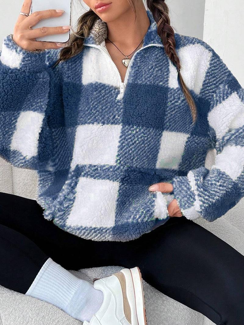 Women's Plaid Print Half Zip Drop Shoulder&nbsp;Fleece&nbsp;Sweatshirt, Casual Long Sleeve Stand Collar Pullover for Spring & Fall, Ladies Clothes for Daily Wear
