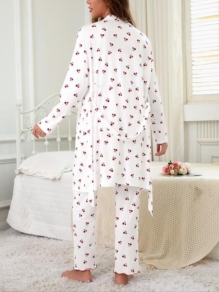 Cherry Print Women's Nightgown Set + Strap Pants, Comfortable Casual Home Wear, All-Season Fitted Sleepwear, Moderate Fabric Cherry Print Women's Nightgown Set + Strap Pants, Comfortable Casual Home Wear, All-Season Fitted Sleepwear, Moderate Fabric