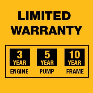 Limited warranties include: 3 Year Engine, 5 Year Pump, 10 Year Frame and 90 Day Accessory.