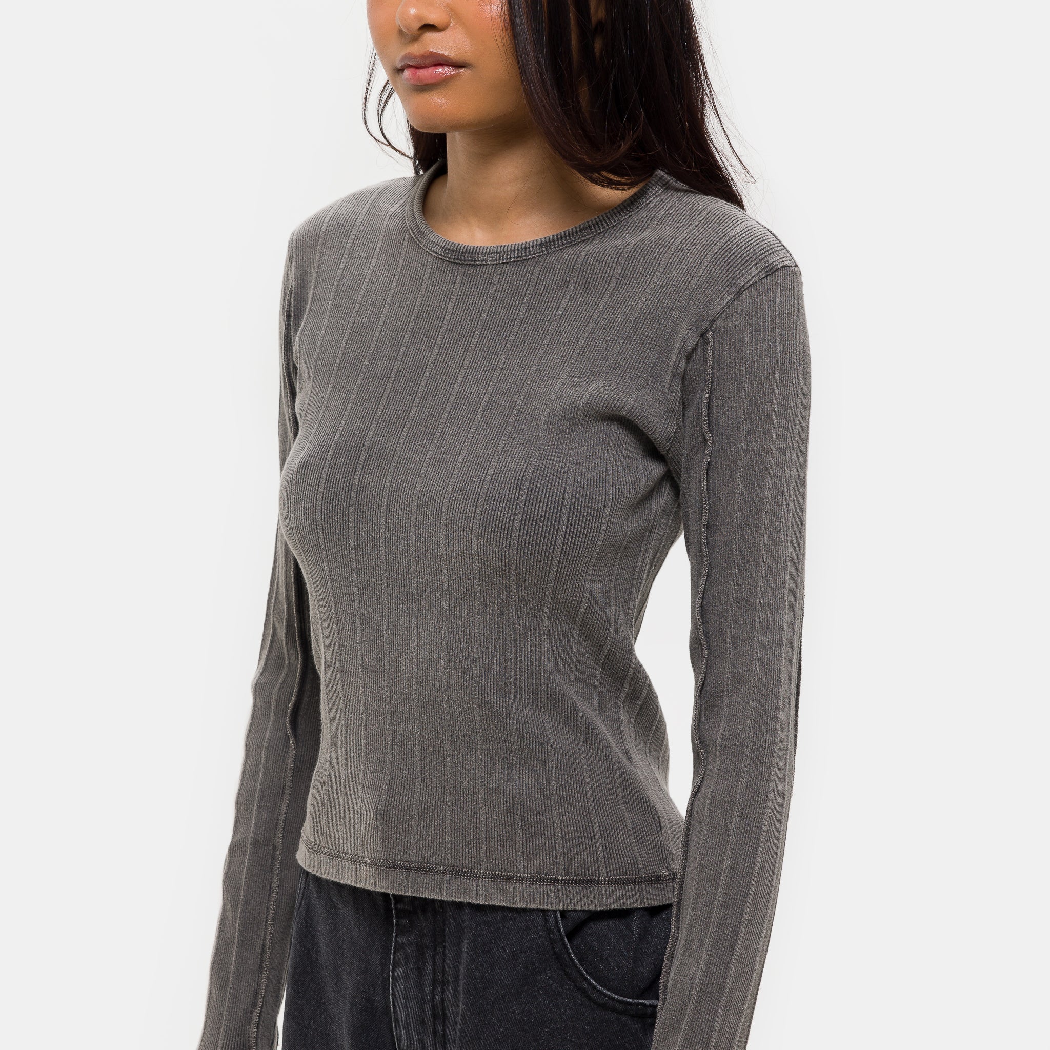 Long Sleeve Rib T-Shirt in Washed Graphite