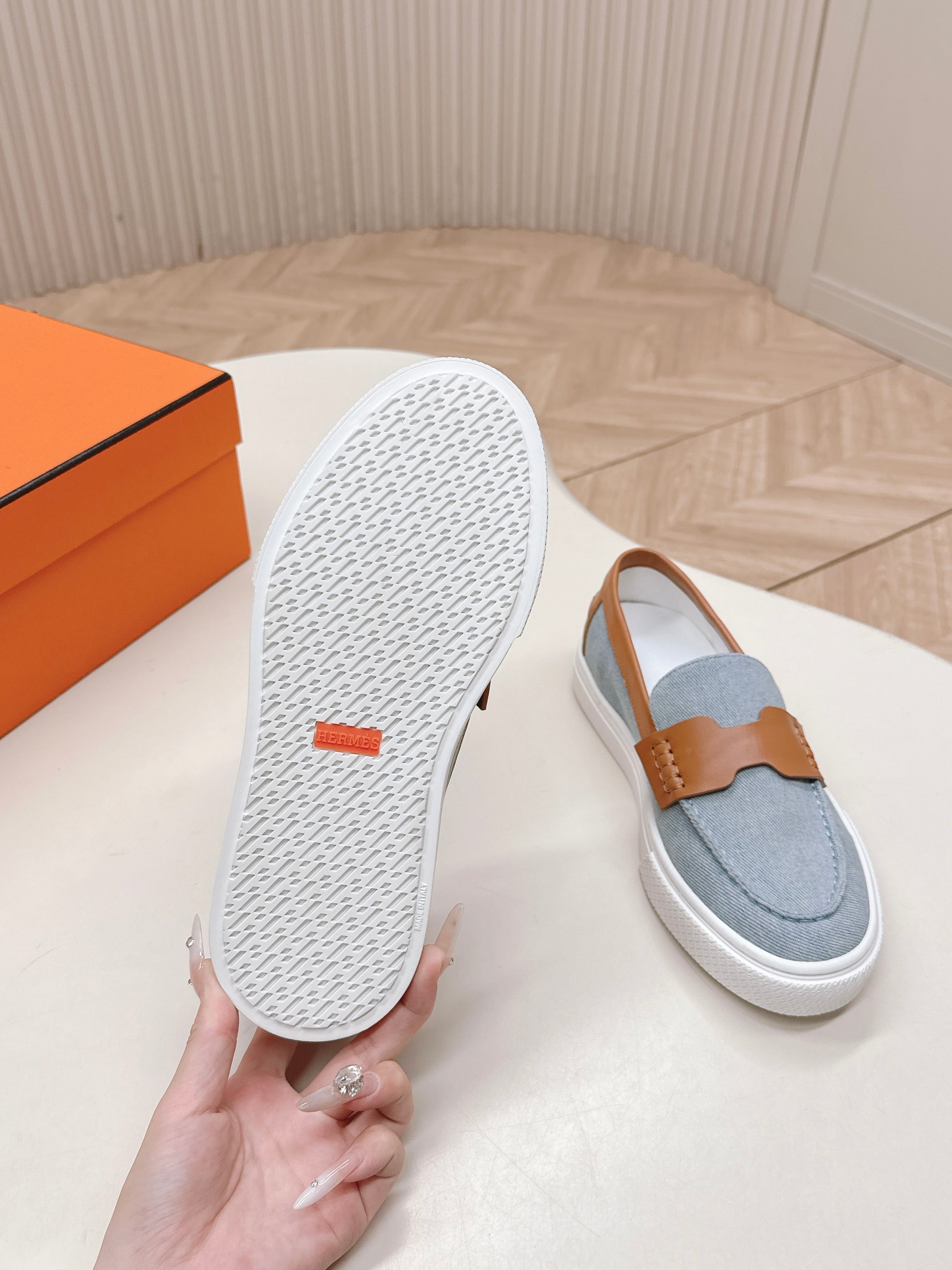 HM 25S SLIP-ON IN BLUE DENIM AND BROWN LAMBSKIN、mysite、Cacoeks