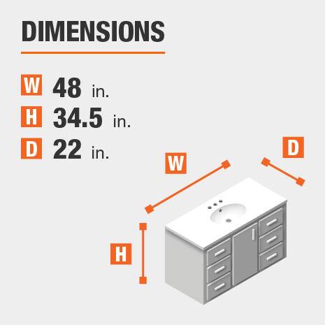 The dimensions of this bathroom vanity are 48.00 in. W x 34.50 in. H x 22.00 in. D The dimensions of this bathroom vanity are 48.00 in. W x 34.50 in. H x 22.00 in. D