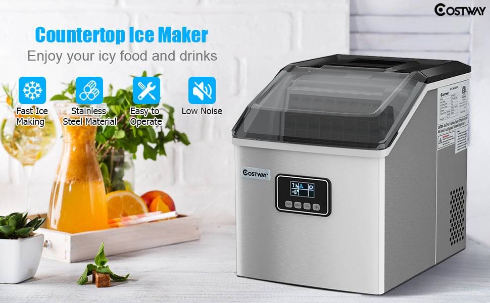 48LBS/24H Stainless Steel Countertop Ice Maker Machine with Self-Clean Function LCD Display Ice Scoop Basket
