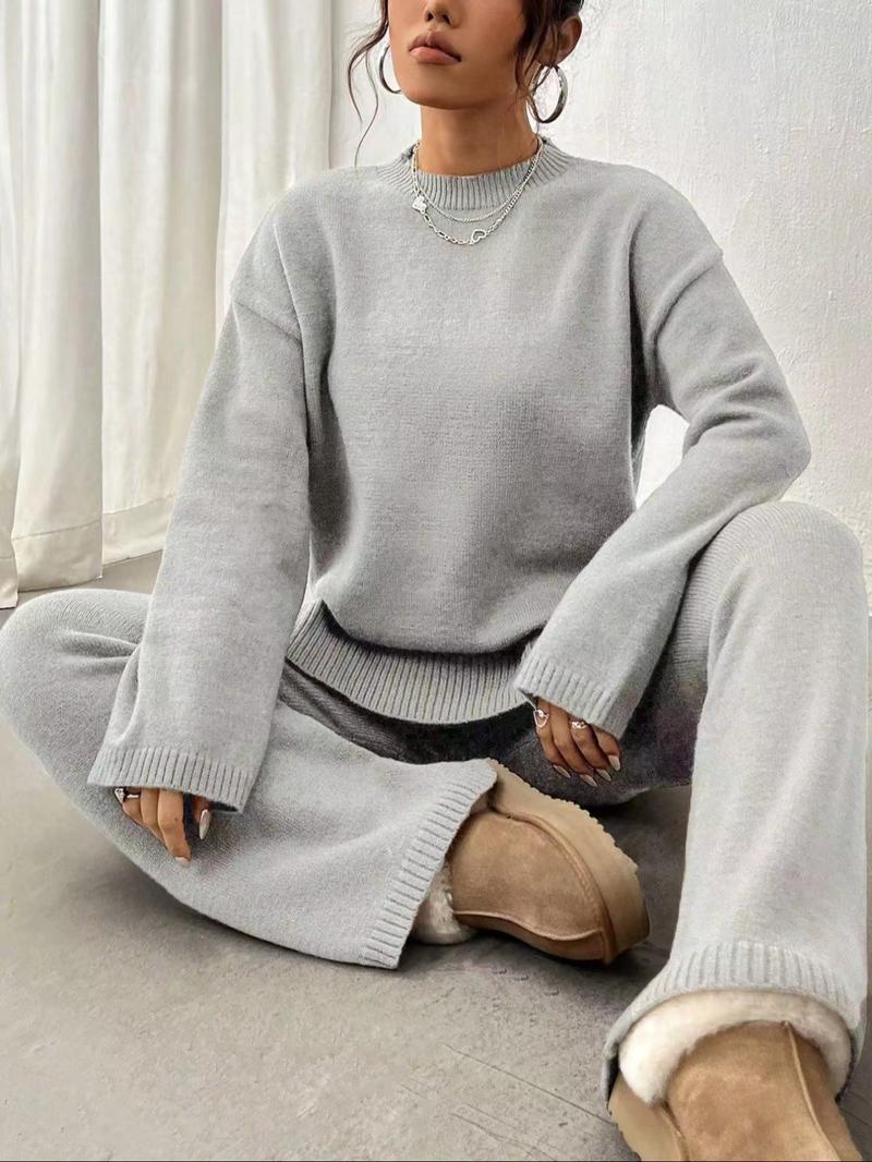 Women's Solid Drop Shoulder Split Hem Sweater & Elastic Waist Straight Leg Pants Two-piece Set, Casual Fashion Cozy Knitwear Set for Daily Outdoor Wear, Women Knitwear for Fall & Winter, Womenswear