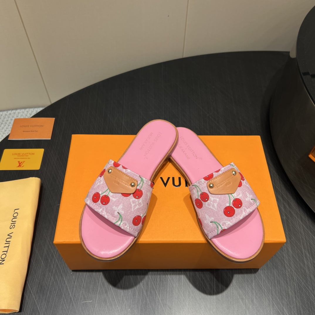 LV SLIDE SANDALS 25S IN PINK DENIM AND CALFSKIN WITH LOGO PRINT、mysite、Cacoeks