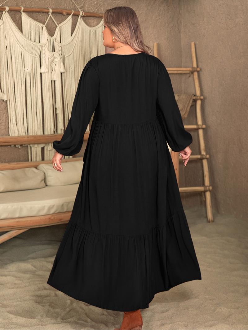 Plus Size Plain Lantern Sleeve Tiered Ruffle Trim Smock Dress, Elegant V Neck Long Sleeve Dress for Vacation Party Wedding Guest, Women's Clothes for All Seasons