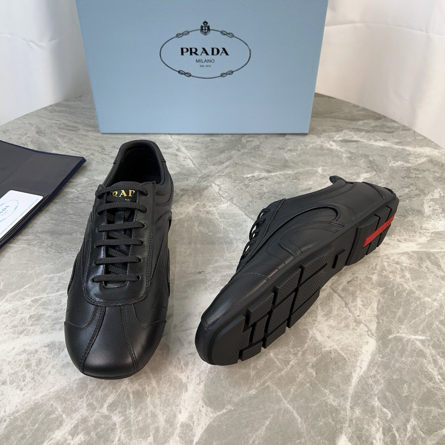 PRADA 25S MONTECARLO ANTIQUED SNEAKERS IN BLACK NAPPA LEATHER、mysite、Cacoeks