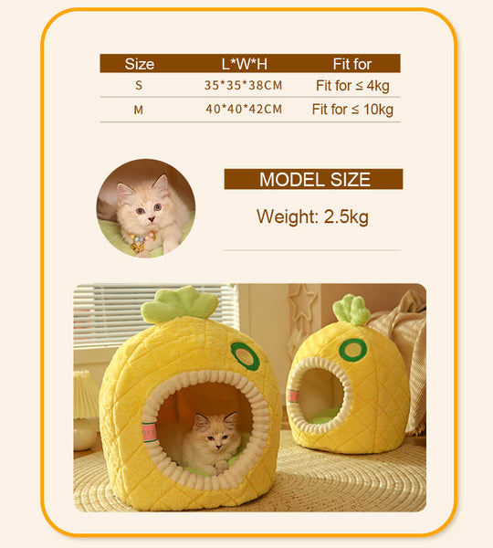 Cat Bed Yellow Pineapple Shape House Soft Plush Cat Cave Nest