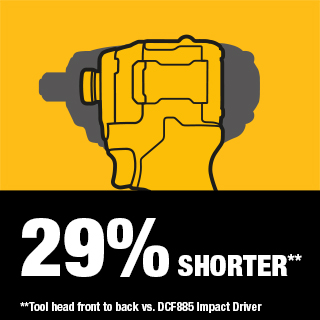 Graphic of impact driver with text that reads "29% shorter of tool head front to back versus DCF885 Impact Driver." Graphic of impact driver with text that reads "29% shorter of tool head front to back versus DCF885 Impact Driver."
