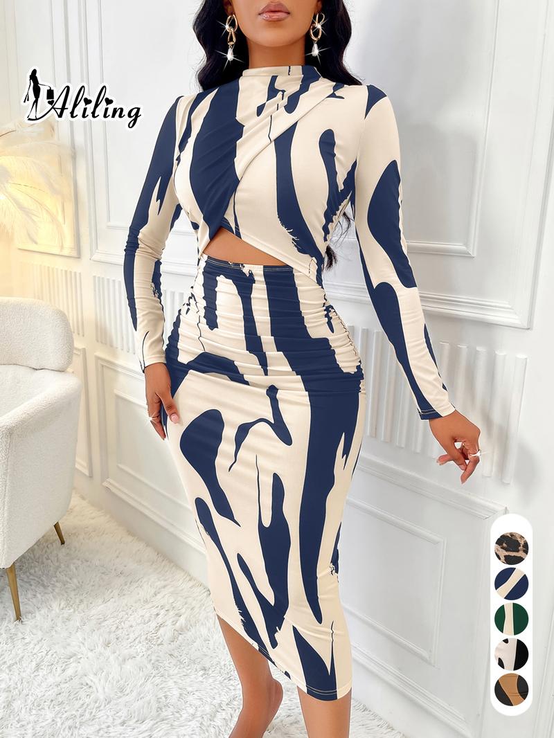 Aliling&nbsp;Women's Colorblock Print Cut Out Bodycon Dress, Elegant Fashion Casual Long Sleeve Dress for Daily Outdoor Wear, Women Dress for Spring Fall