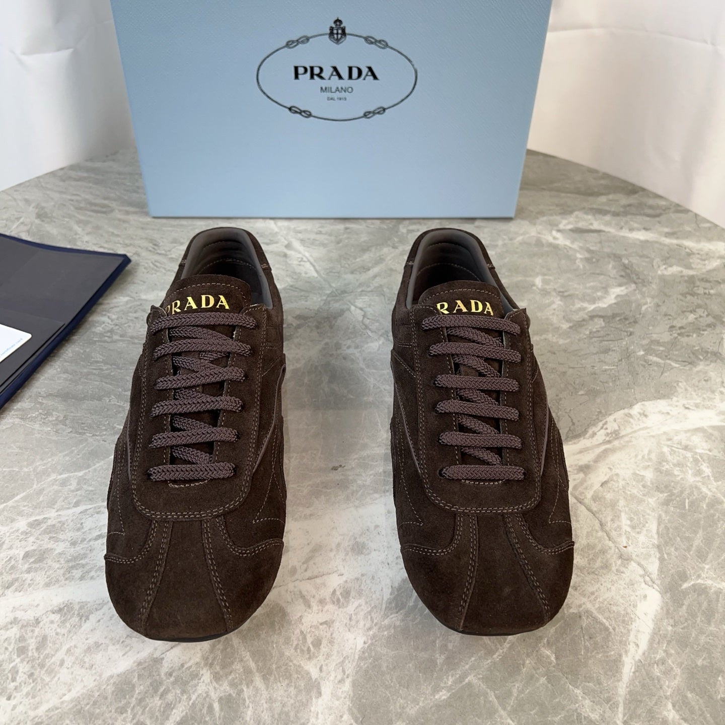 PRADA 25S MONTECARLO ANTIQUED SNEAKERS IN DARK BROWN SUEDE、mysite、Cacoeks