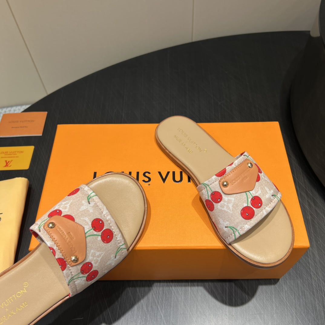 LV SLIDE SANDALS 25S IN BEIGE DENIM AND CALFSKIN WITH LOGO PRINT、mysite、Cacoeks