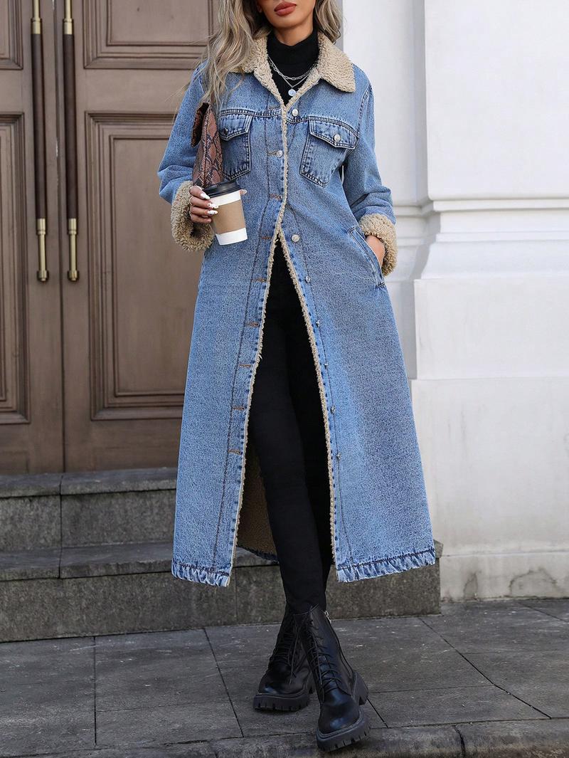 Women's Long Denim Jacket With Fleece Lining, Elegant Single-Breasted Design, Perfect For Winter