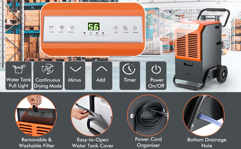Eletriclife 140-Pint Portable Commercial Dehumidifier with Water Tank and Drainage Pipe for Basement
