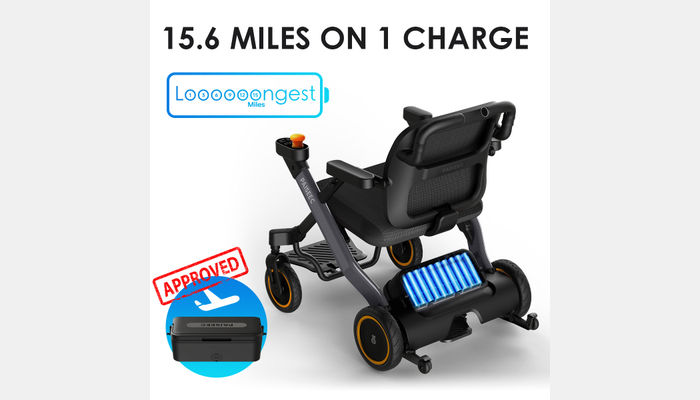 Electric wheelchair with 15.6 miles range on a single charge and battery display