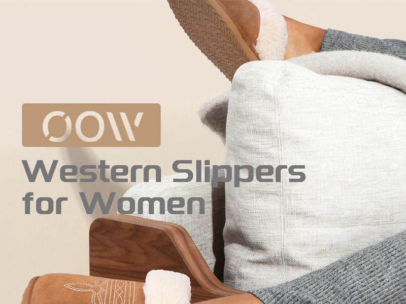 OOW Fuzzy House Slippers for Women with Memory Foam Comfy Bedroom Fluffy Western Cowgirl Boot Slippers Indoor Outdoor Square Toe