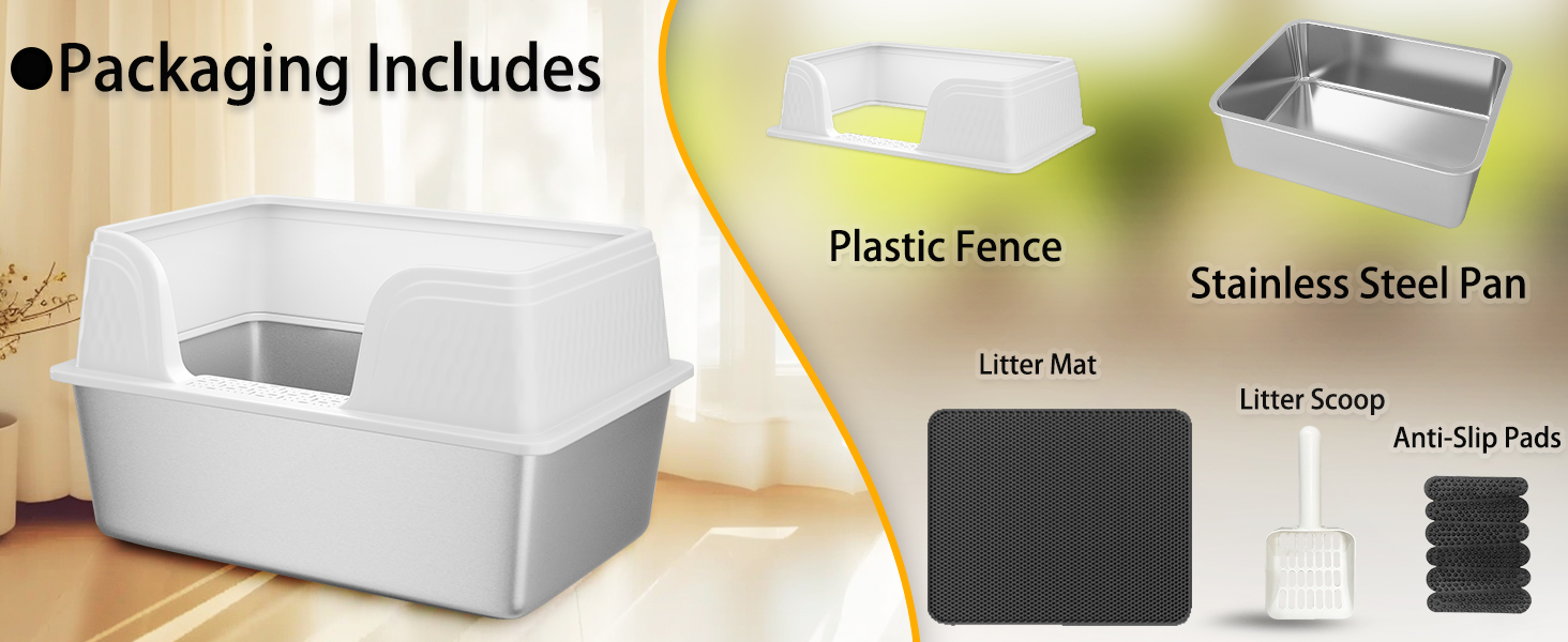 Cat litter box set including white plastic enclosure, stainless steel pan, plastic fence, litter scoop, and anti-slip pads.