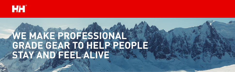 Text reads 'WE MAKE PROFESSIONAL GEAR TO HELP PEOPLE STAY AND FEEL ALIVE'. HH logo. Snow-covered mountain landscape background.