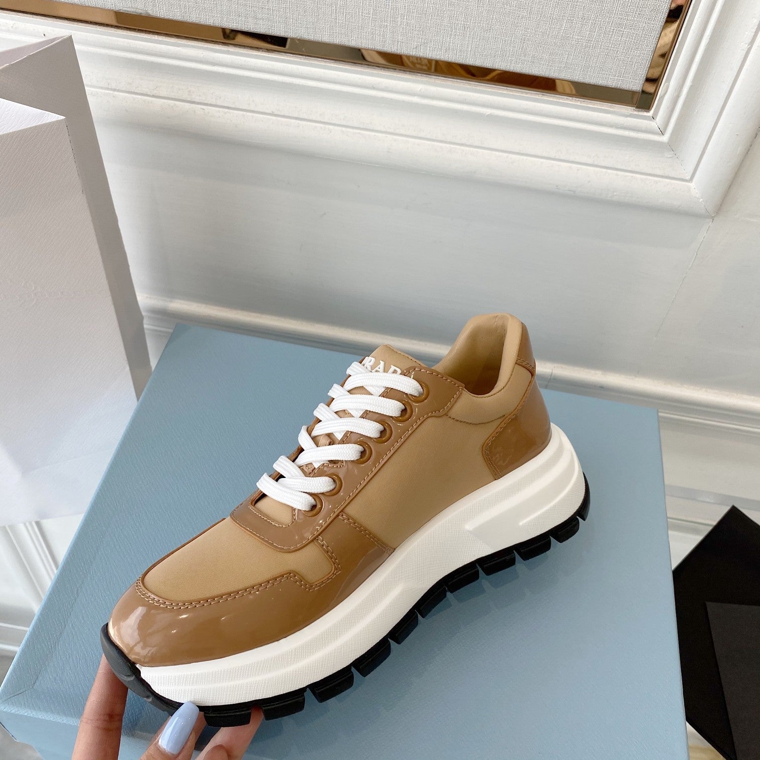 PRADA 25S THICK SOLE SNEAKER IN BROWN CALFSKIN AND CANVAS、mysite、Cacoeks