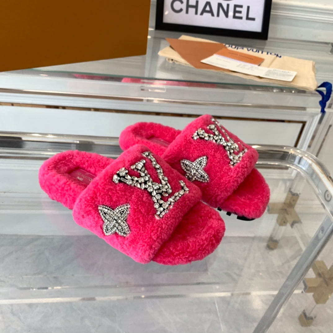 LV WOMEN'S PASEO FLAT SLIPPER IN DEEP PINK FLEECE、mysite、Cacoeks