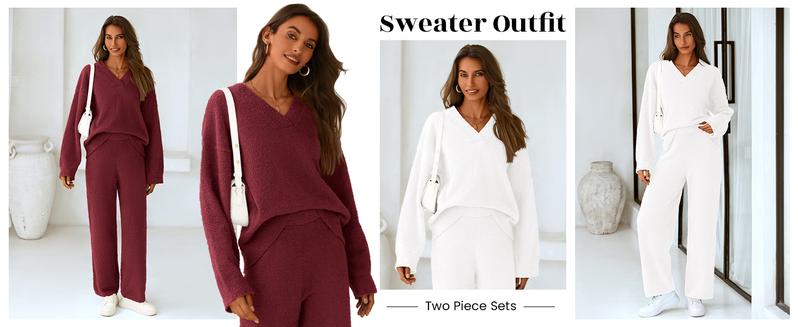 PRETTYGARDEN Women's 2-Piece Lounge Set Soft Chunky V Neck Tops & Wide Leg Long Pants Basic Tracksuit Loungewear Minimalist Homewear Pajama