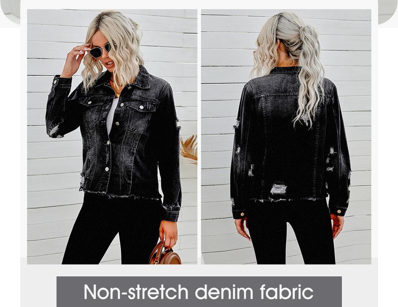 Product Introduction of EVALESS Women's Jean Jackets Casual Non Stretch Boyfriend Washed Coats Distressed Ripped Lapel Long Sleeve Denim Outwear Tops 2025 Spring Womenswear Outfits Dealsforyoudays 1