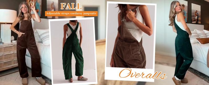 Yeokou TikTokShopBlackFriday Corduroy Overalls for Women Barrel Wide Leg Bib Corduroy Pants Women Adjustable Romper Jumpsuit with Pockets