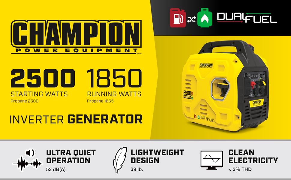 generator inverter dual fuel gas propane champion 2500 watts backup outage quiet portable rv storm