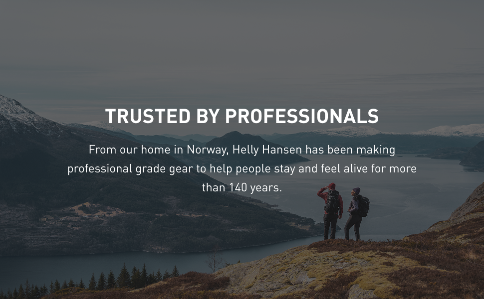 Text reads 'TRUSTED BY PROFESSIONALS'. Scenic mountain landscape with silhouettes against misty mountain backdrop.