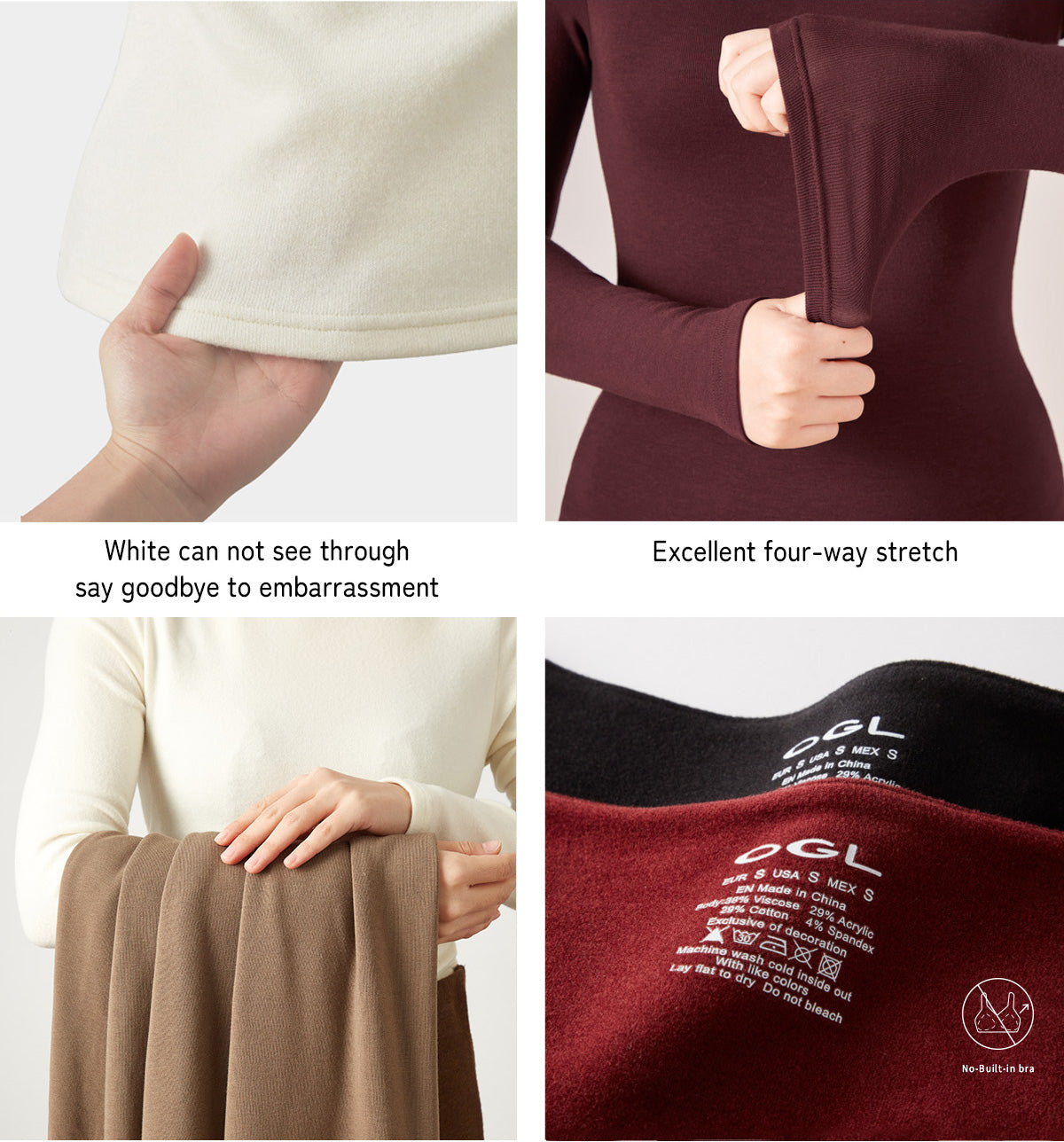 Non-see-through white fabric, four-way stretch, tagless labels, no built-in bra