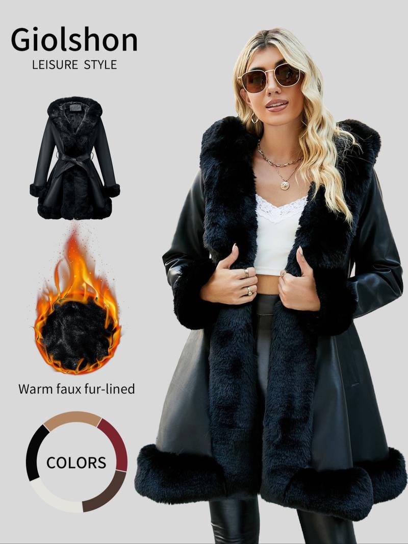 Women's Fall Winter Faux Leather Jacket with Detachable Belt, Long Sleeve Fitted Coat with Hood, Casual Warm Daily Wear